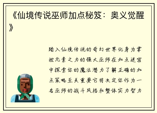 《仙境传说巫师加点秘笈：奥义觉醒》