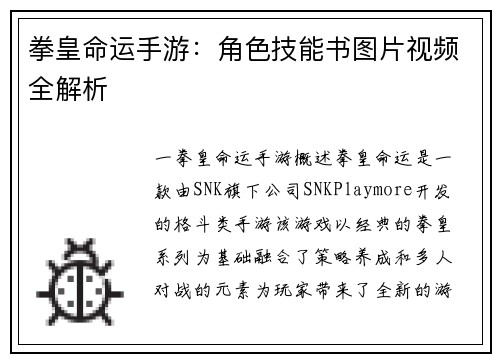 拳皇命运手游：角色技能书图片视频全解析